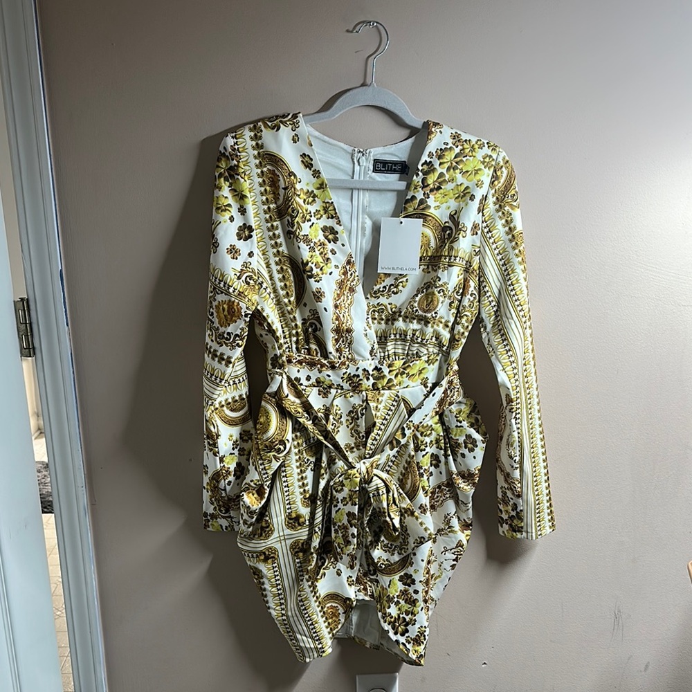 Stylish High Low Dress in Gold and White